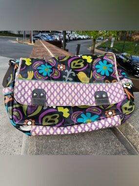 Vintage Fossil Floral “Key Per” Messenger Bag in Black, Teal, Purple & Lime